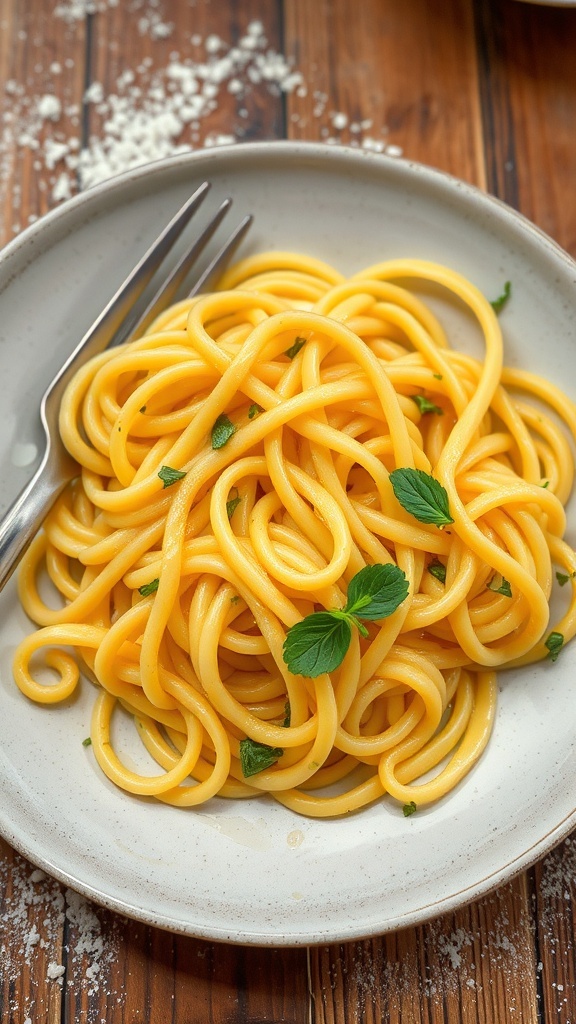 A bowl of homemade noodles garnished with herbs on a rustic wooden table.